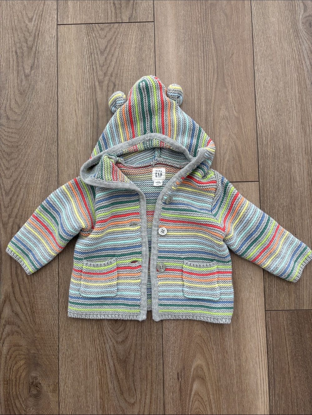 GAP Baby Striped Knit Hooded Cardigan with Ear Details - Multicolor